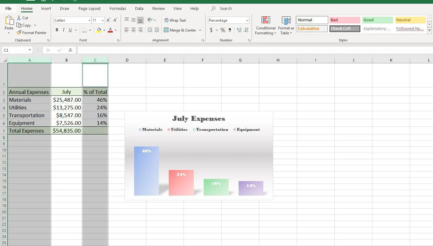 Captura de tela das colunas selecionadas no Excel