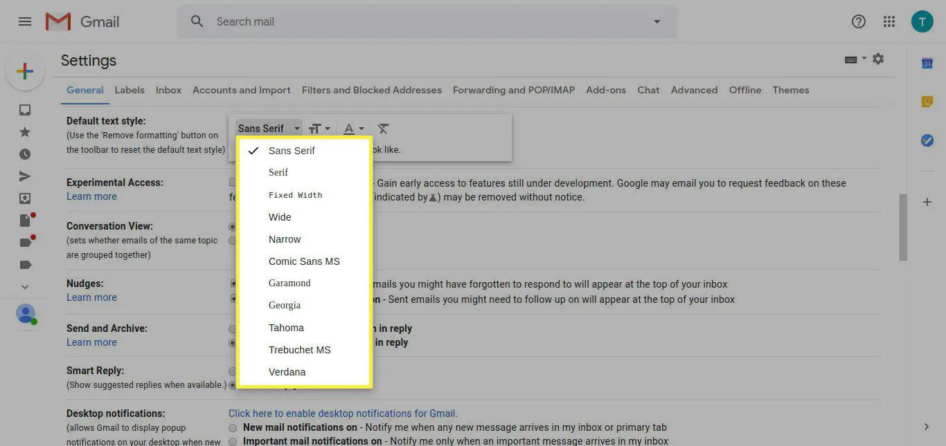 Configurações do Gmail com as opções de texto destacadas