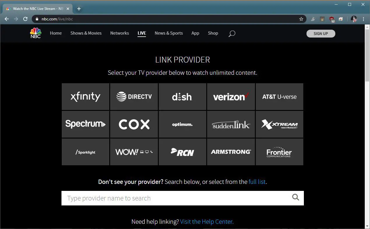 Uma captura de tela do menu de seleção do provedor NBC.com.