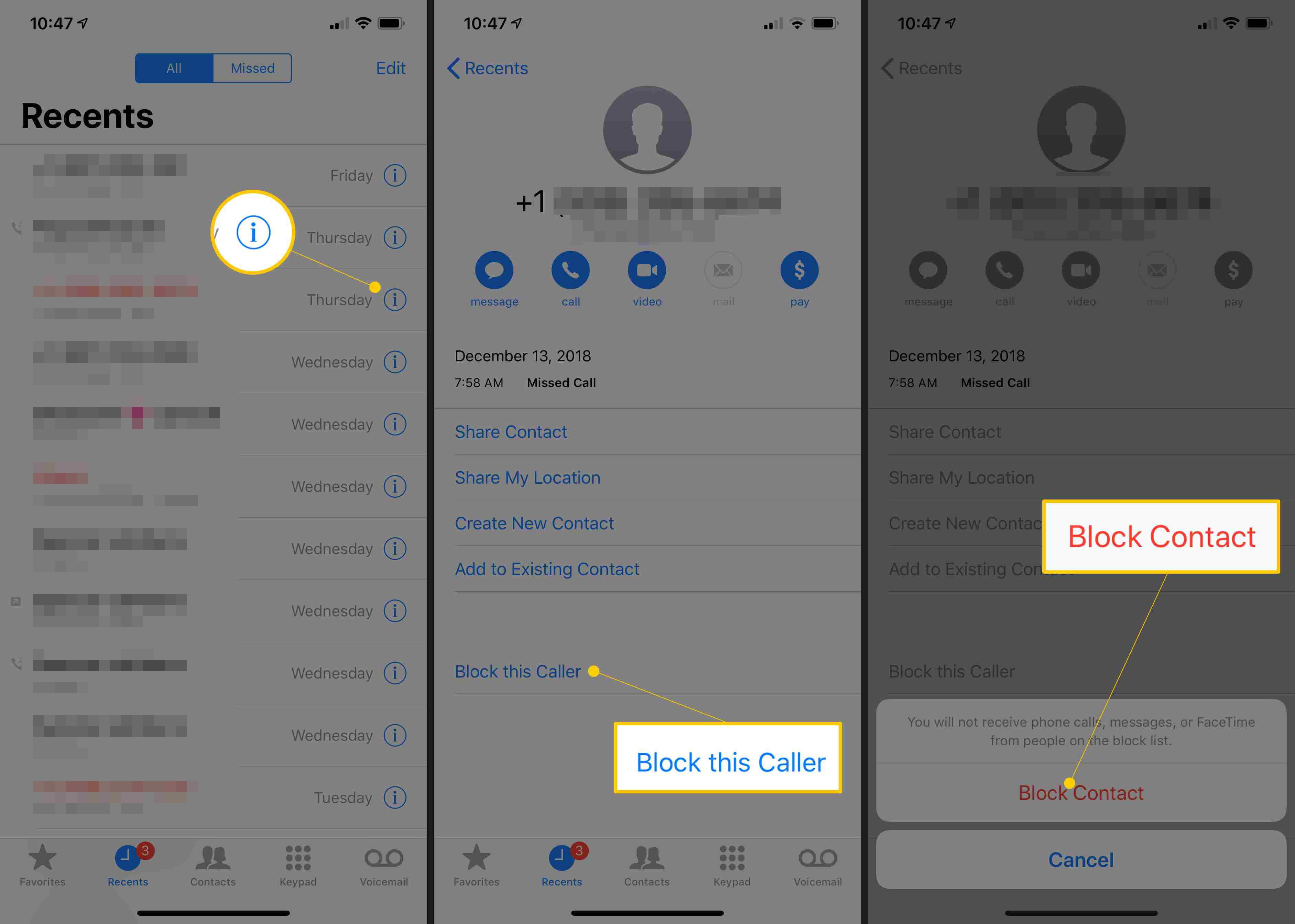 Três telas do iOS mostrando o botão i (informações), o botão Bloquear este chamador e a confirmação de Bloqueio de contato