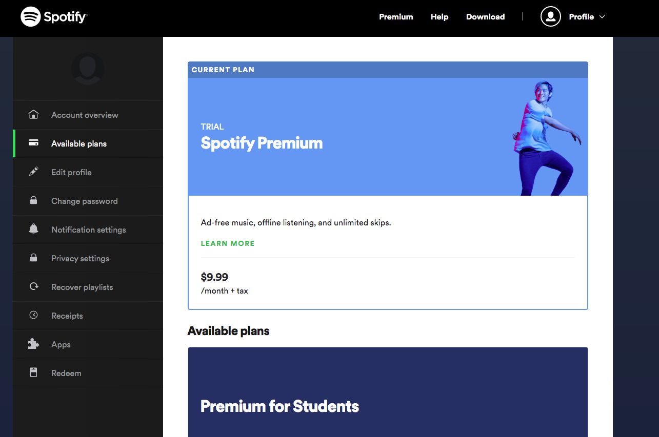 Página de planos disponíveis do Spotify Premium