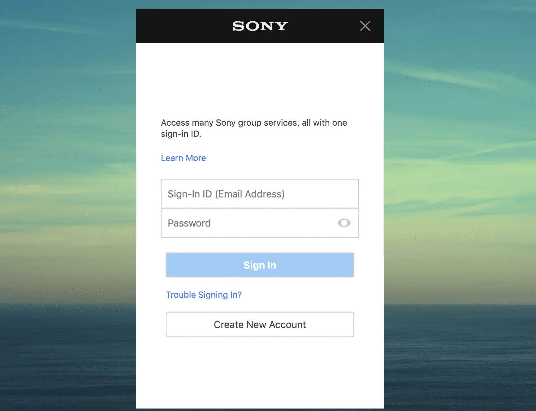 uma captura de tela da tela de login da conta da Sony no navegador Chrome