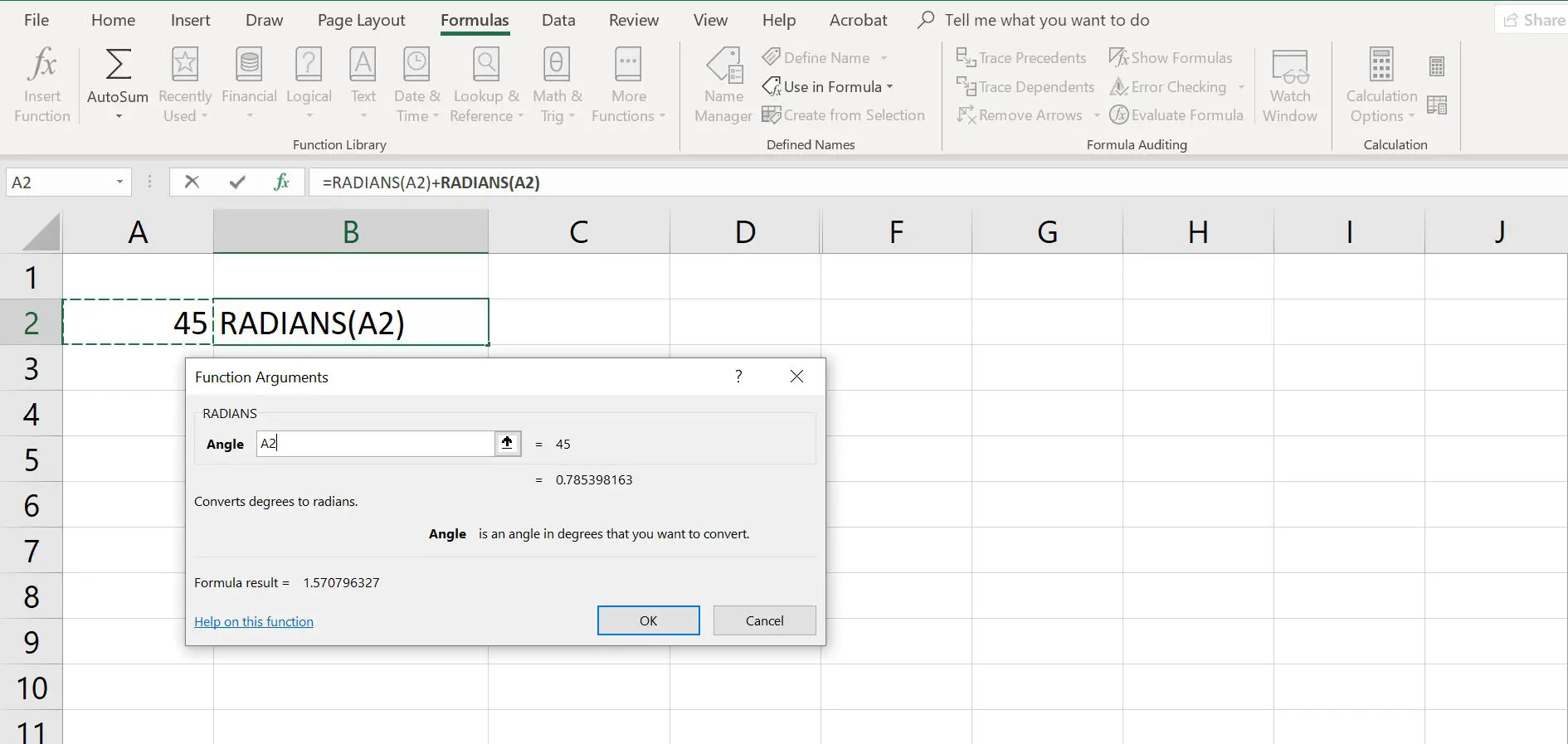 Planilha do Excel com a caixa de diálogo aberta para a criação de uma função RADIANS