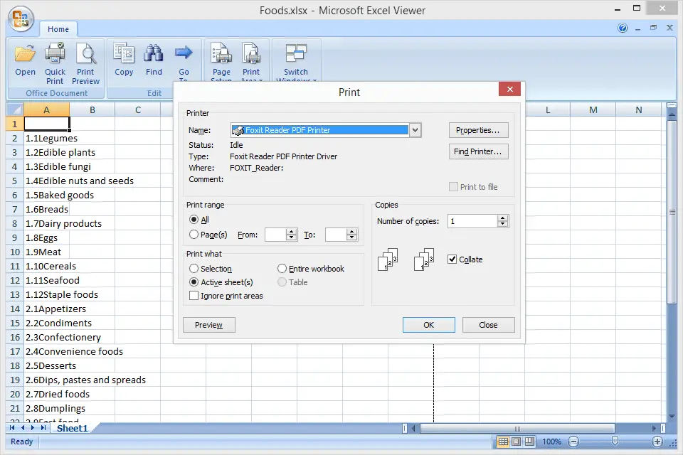 Captura de tela de uma impressora PDF usada com o Microsoft Excel Viewer