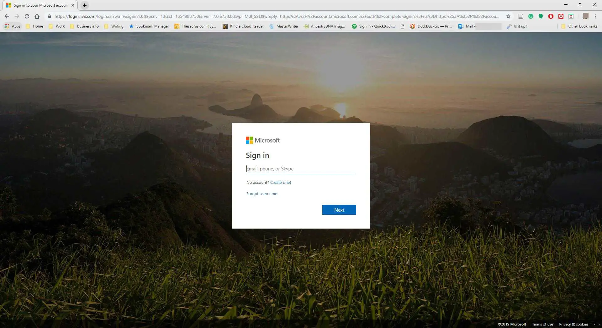 A captura de tela da página da web de login da conta da Microsoft