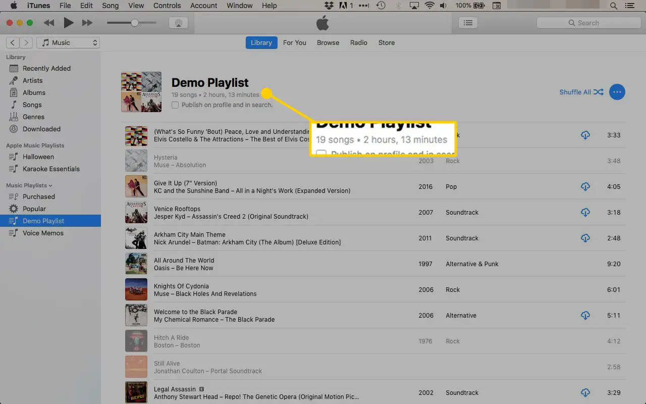 Duração da lista de reprodução no iTunes