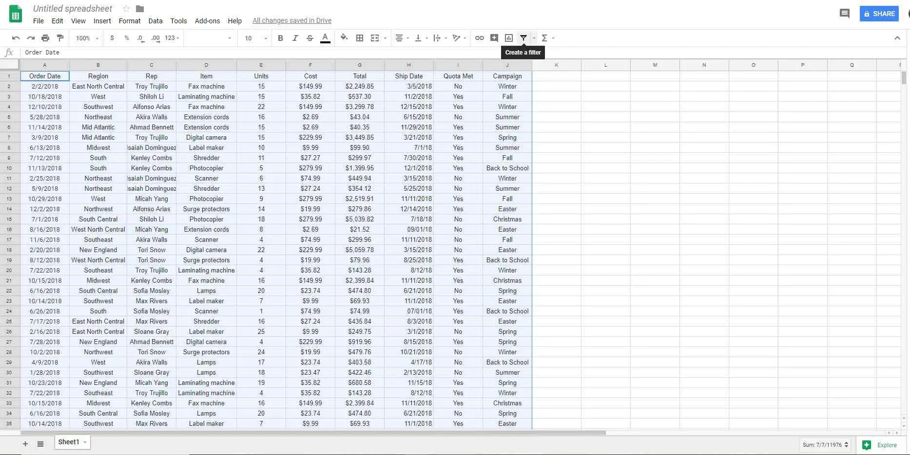 Formatar dados como uma tabela no Planilhas Google