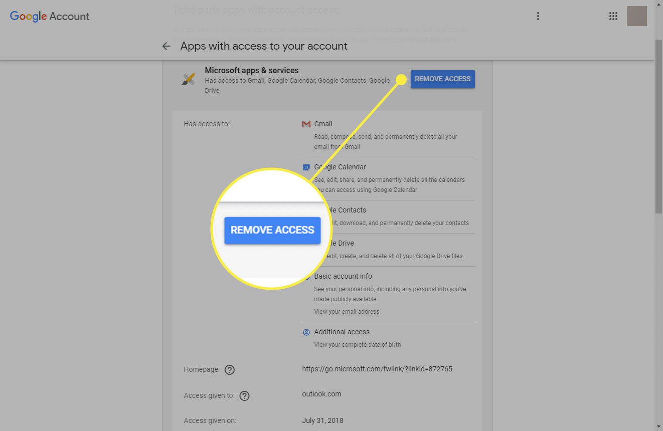 Uma Conta do Google com o botão Remover acesso destacado
