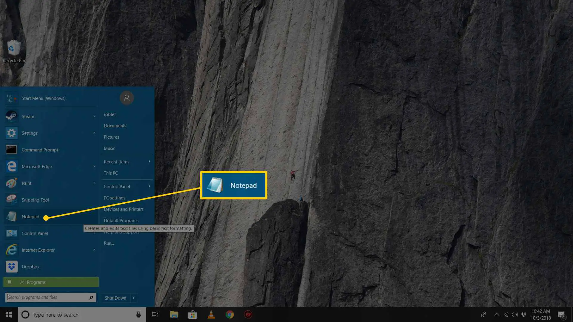 Botão do bloco de notas no menu Iniciar do Windows 10