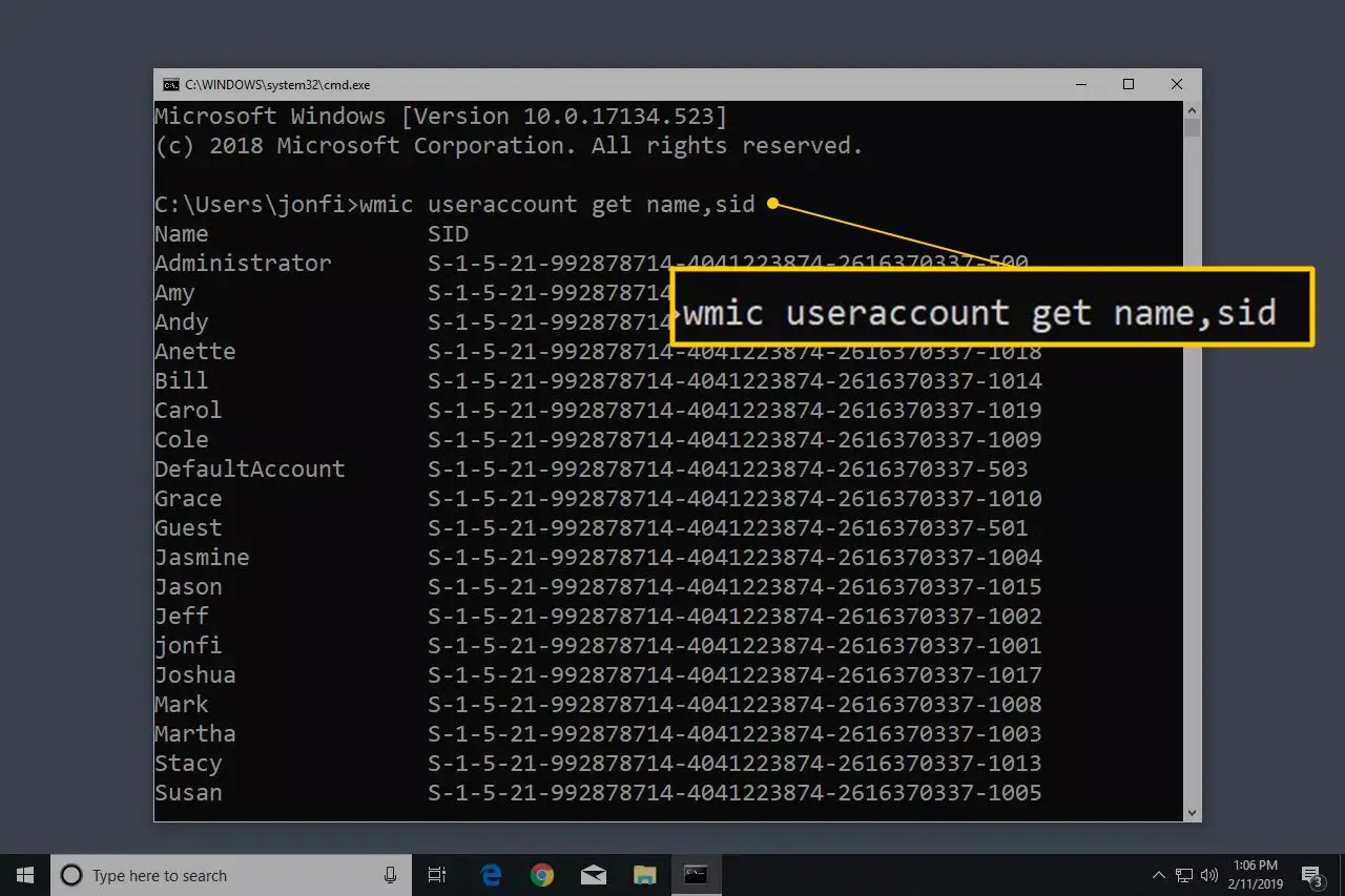 Comando wmic useraccount no Windows 10