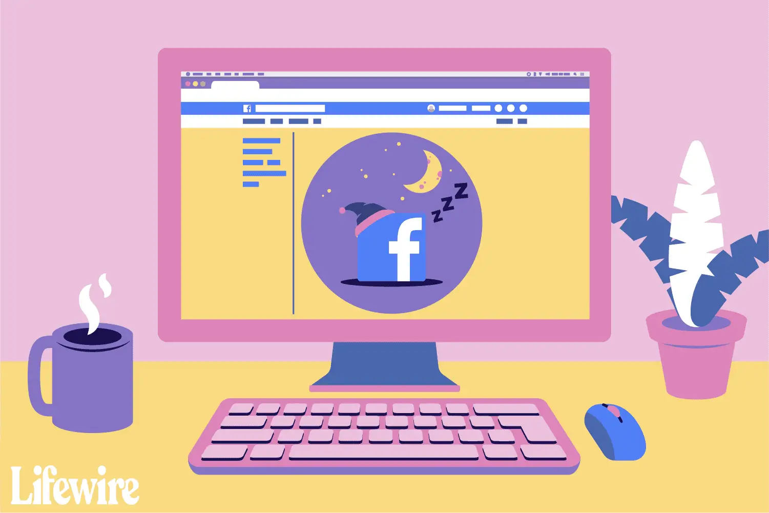 Uma ilustração de um computador com o Facebook na tela, cochilando.