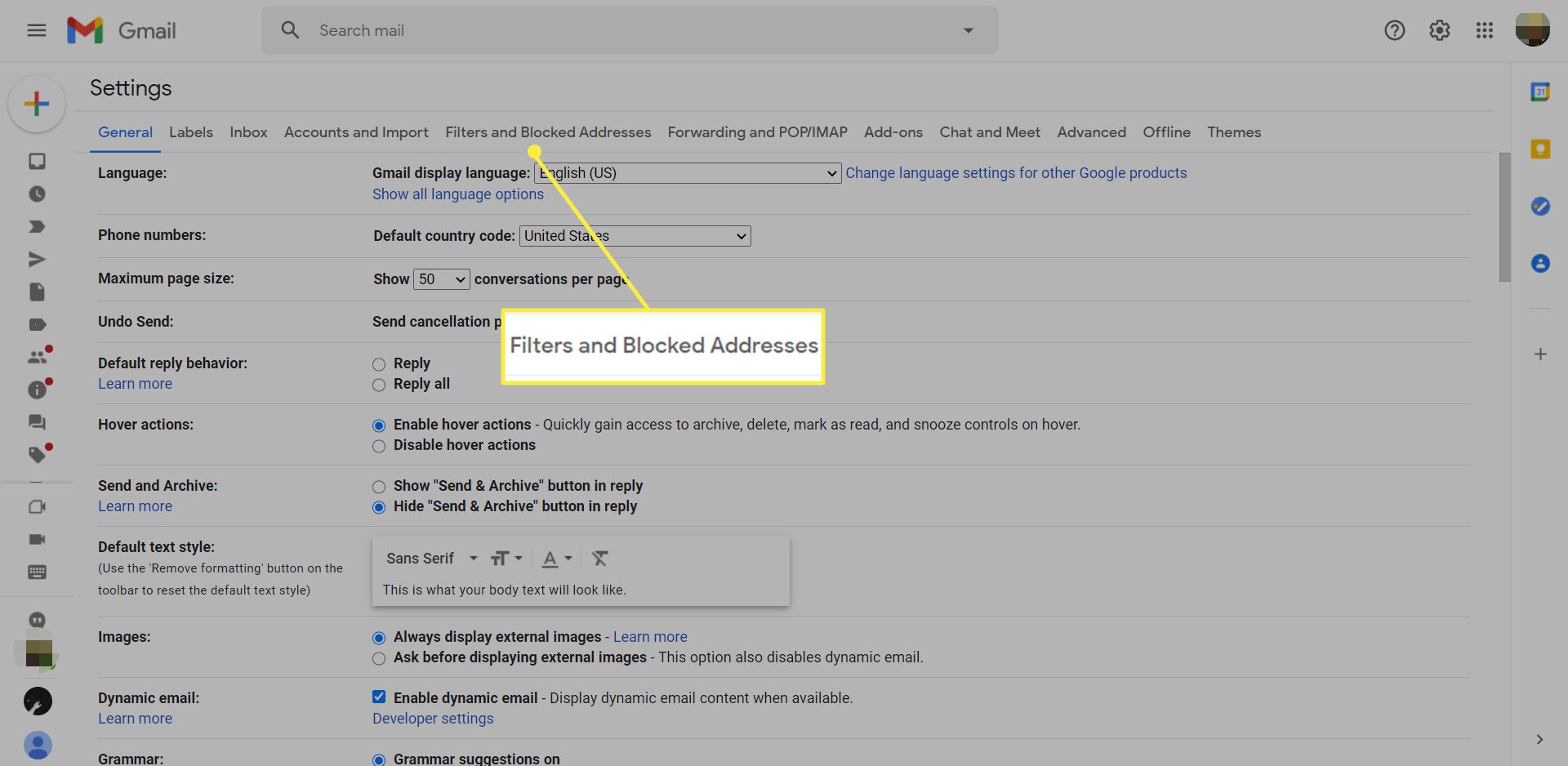 Configurações do Gmail com a guia Filtros e endereços bloqueados destacada