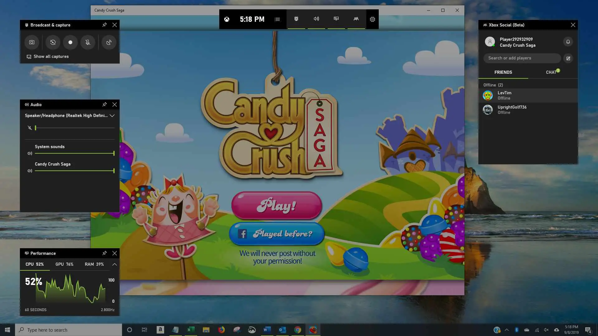 Captura de tela da barra de jogos no Windows