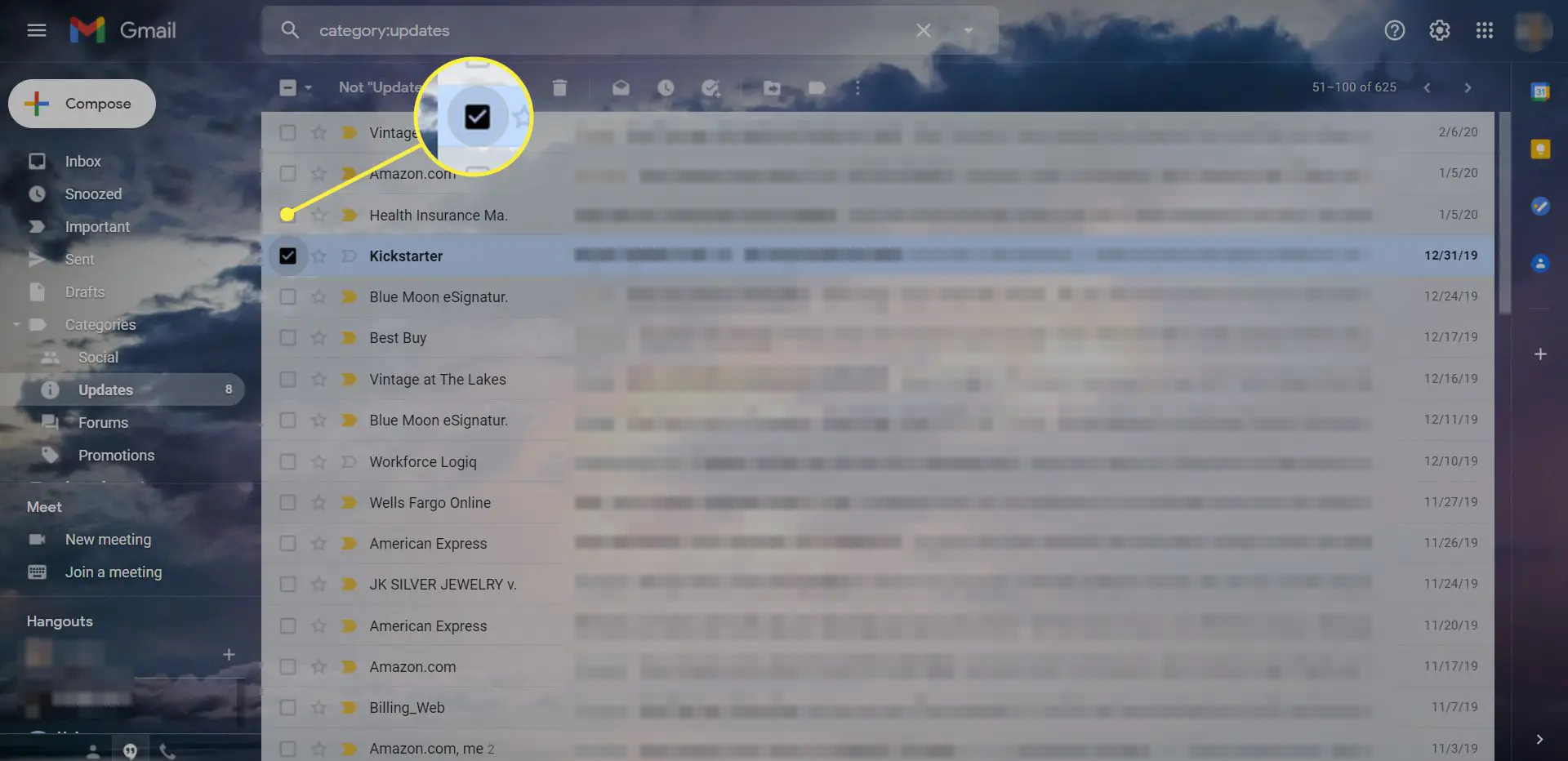 Uma caixa de entrada do Gmail com um único e-mail selecionado