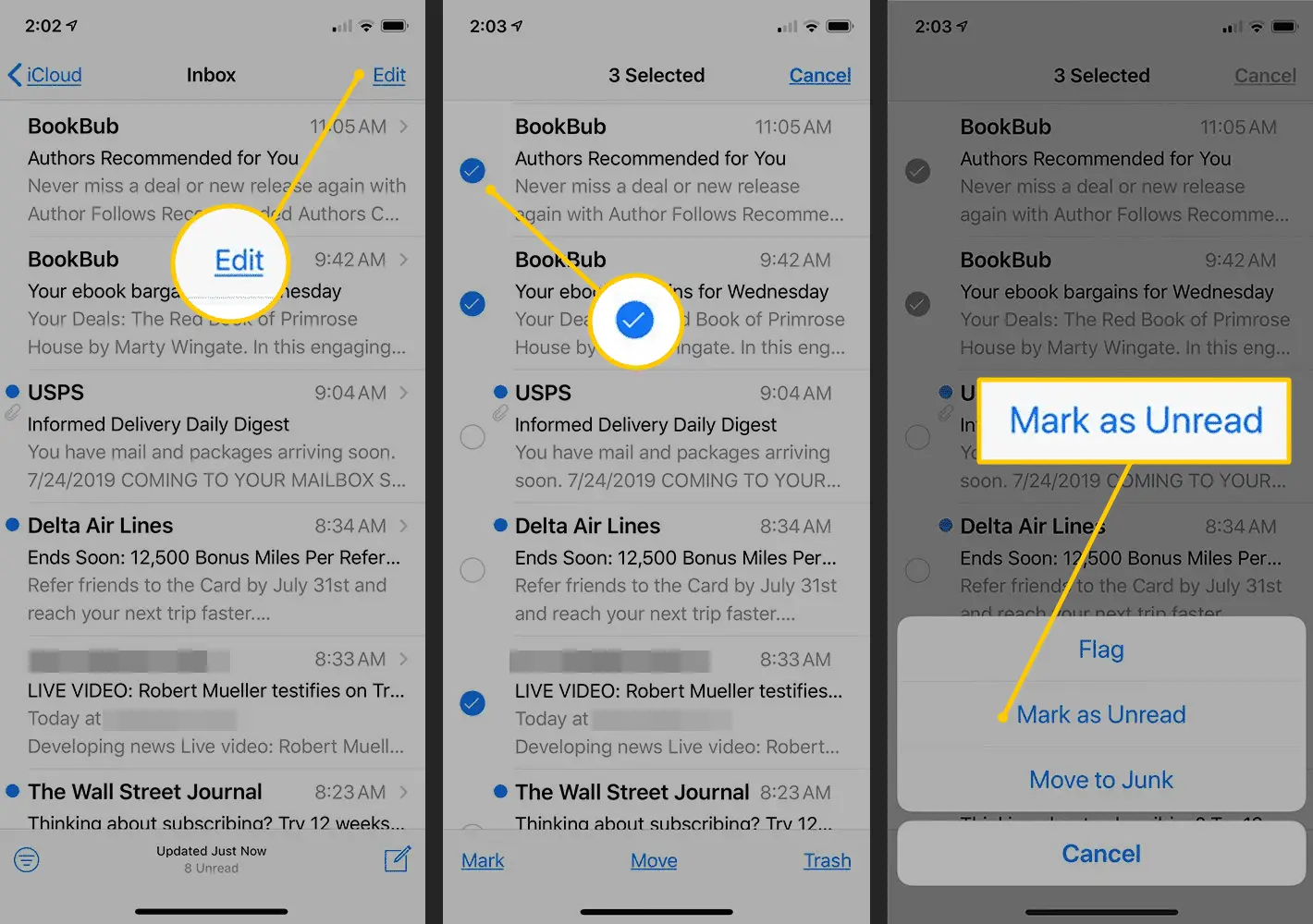 Botão Editar, caixa de seleção, botão Marcar como não lido no iOS Mail