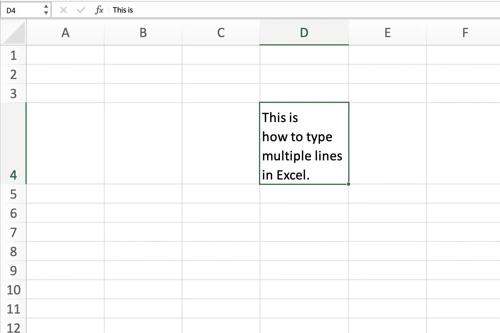 Captura de tela do Excel mostrando uma célula com várias linhas
