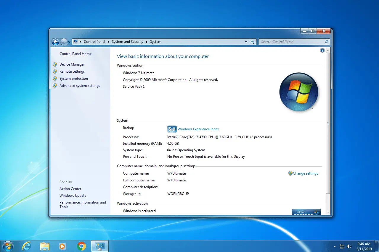 Informações do sistema Windows 7