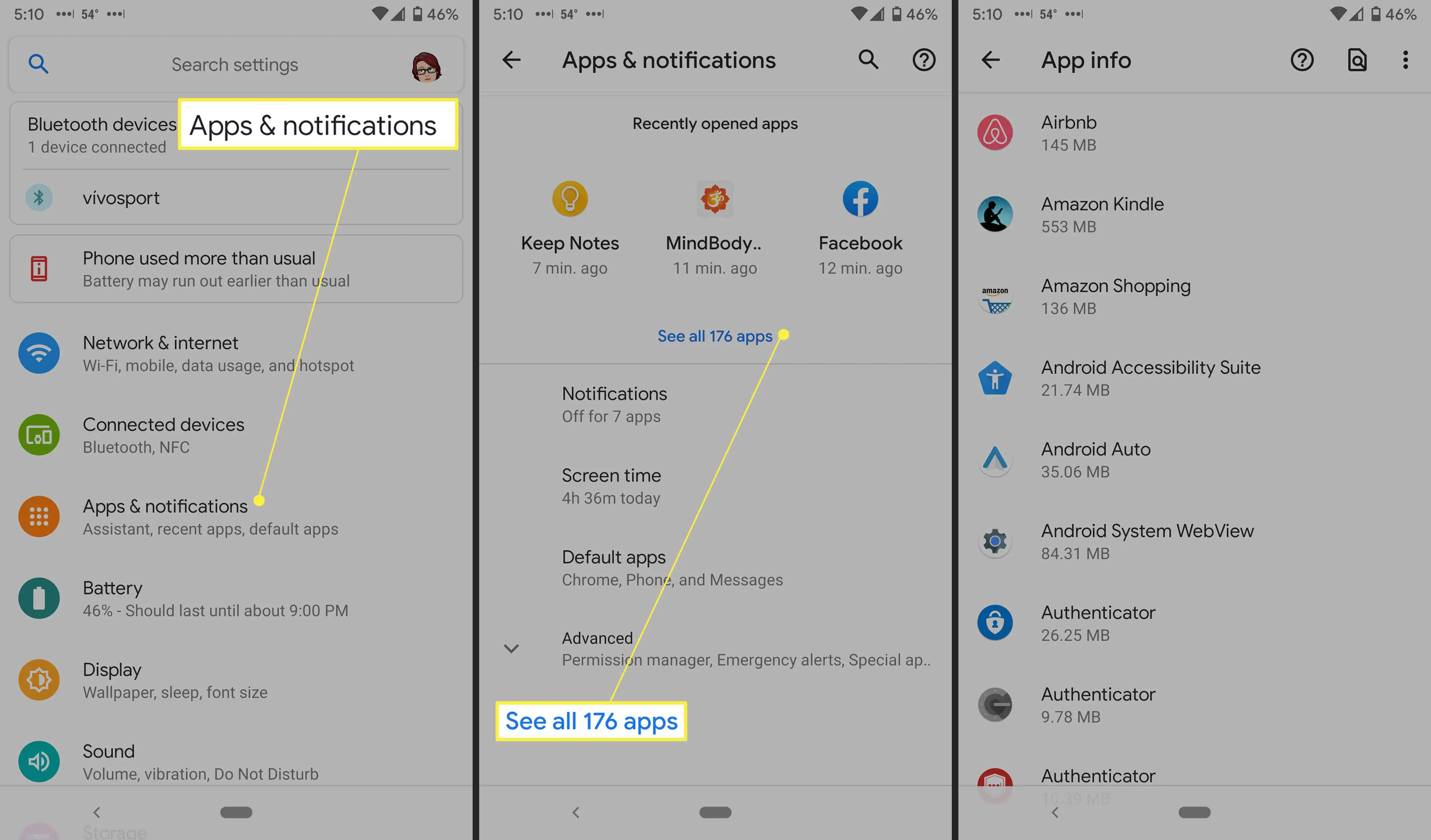Configurações de aplicativos e notificações do Android.