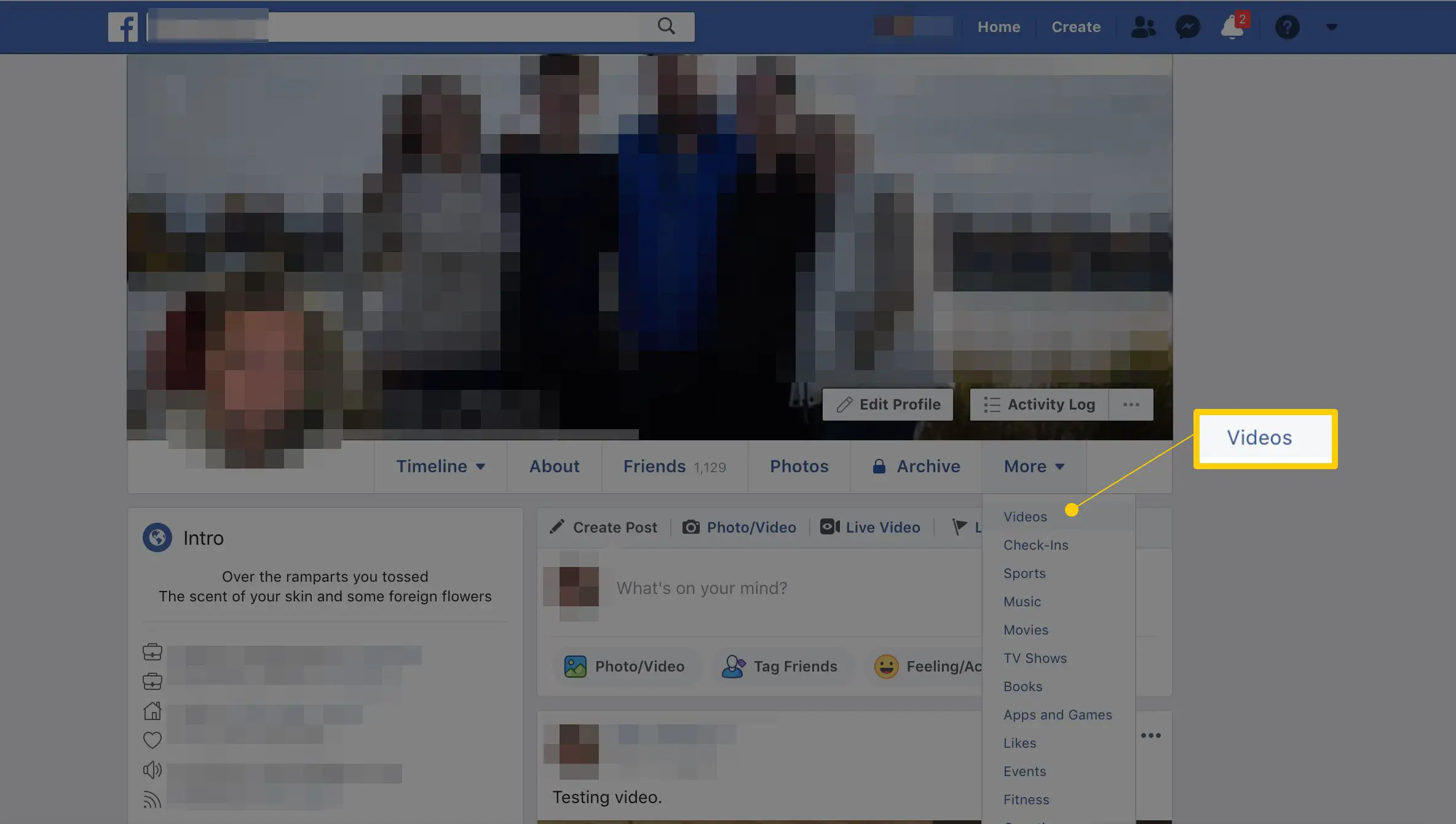 Item de menu de vídeo no menu Mais no perfil do Facebook