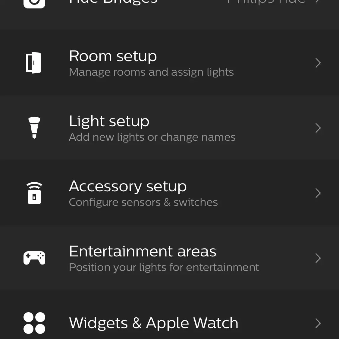 Uma imagem do menu de configurações do aplicativo Philips Hue.