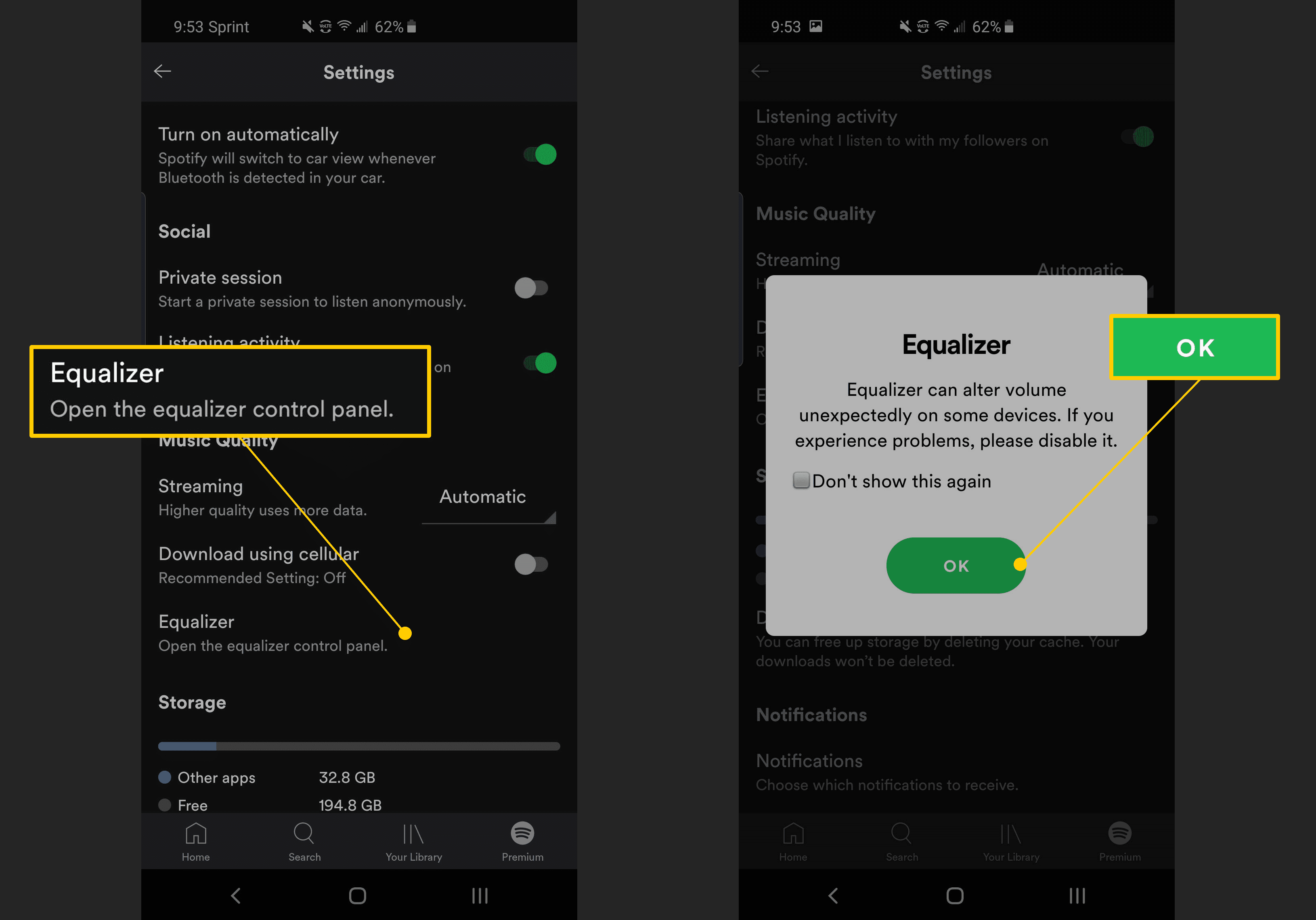 Equalizador, botão OK nas configurações do Spotify no Android