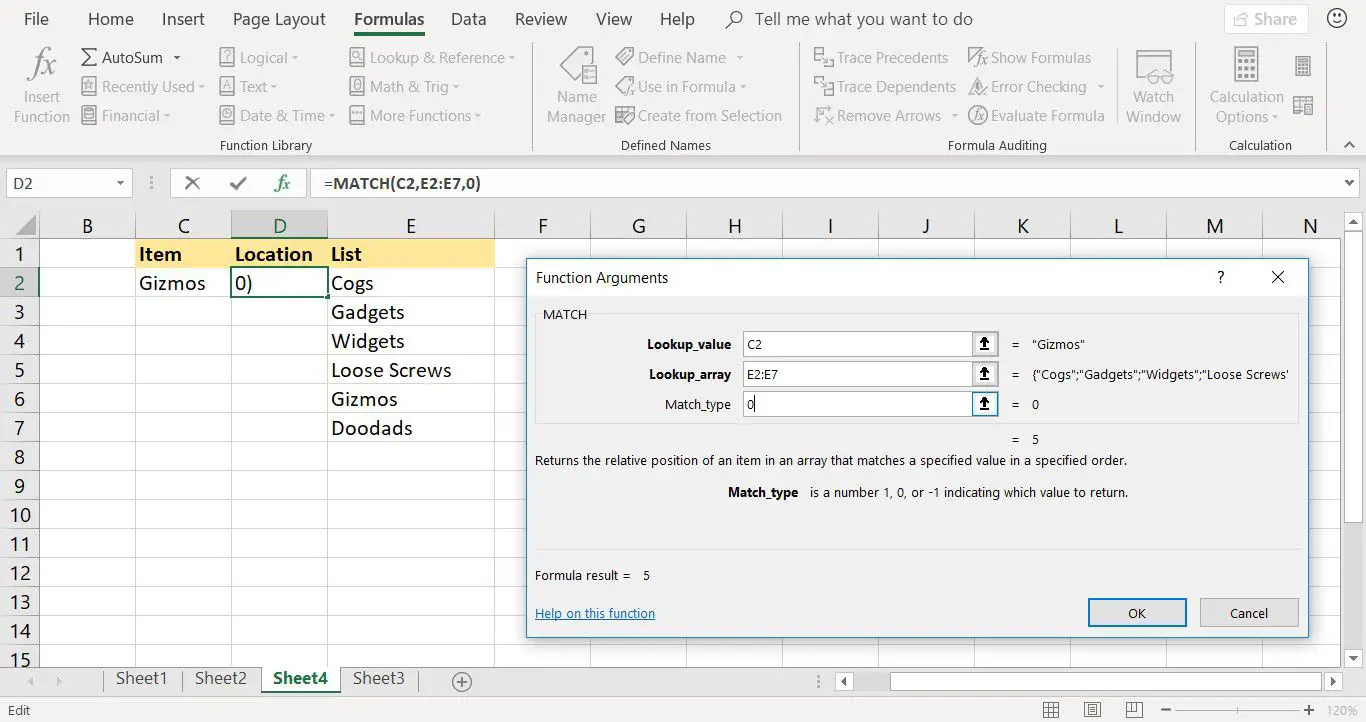 Uma captura de tela mostrando a caixa de diálogo MATCH Function Arguments no Excel
