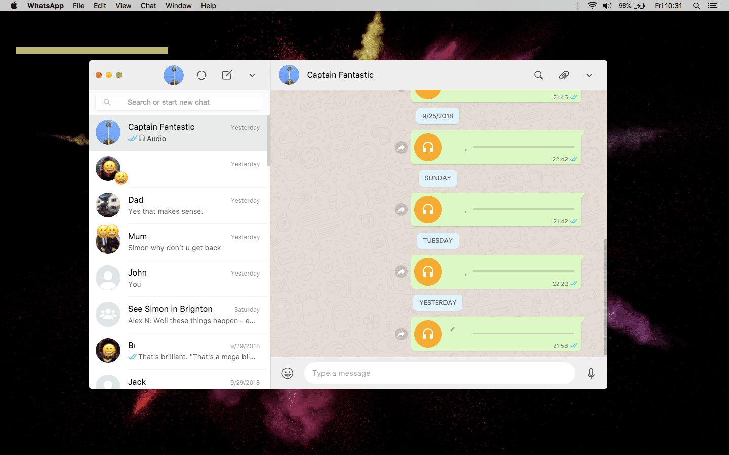 Uma captura de tela do aplicativo WhatsApp para Mac.