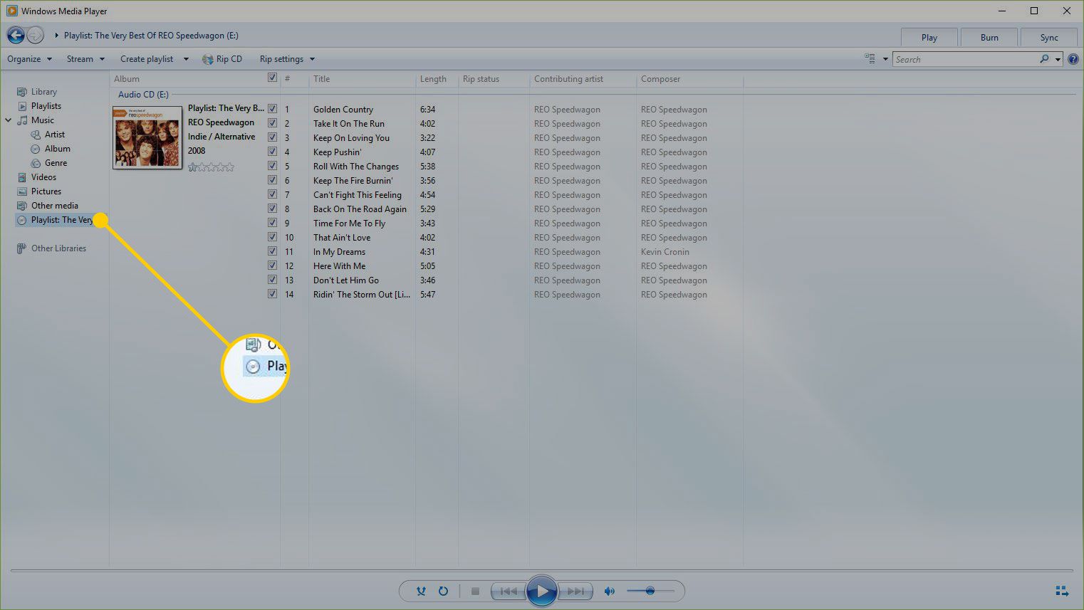 Windows Media Player com um CD de áudio destacado