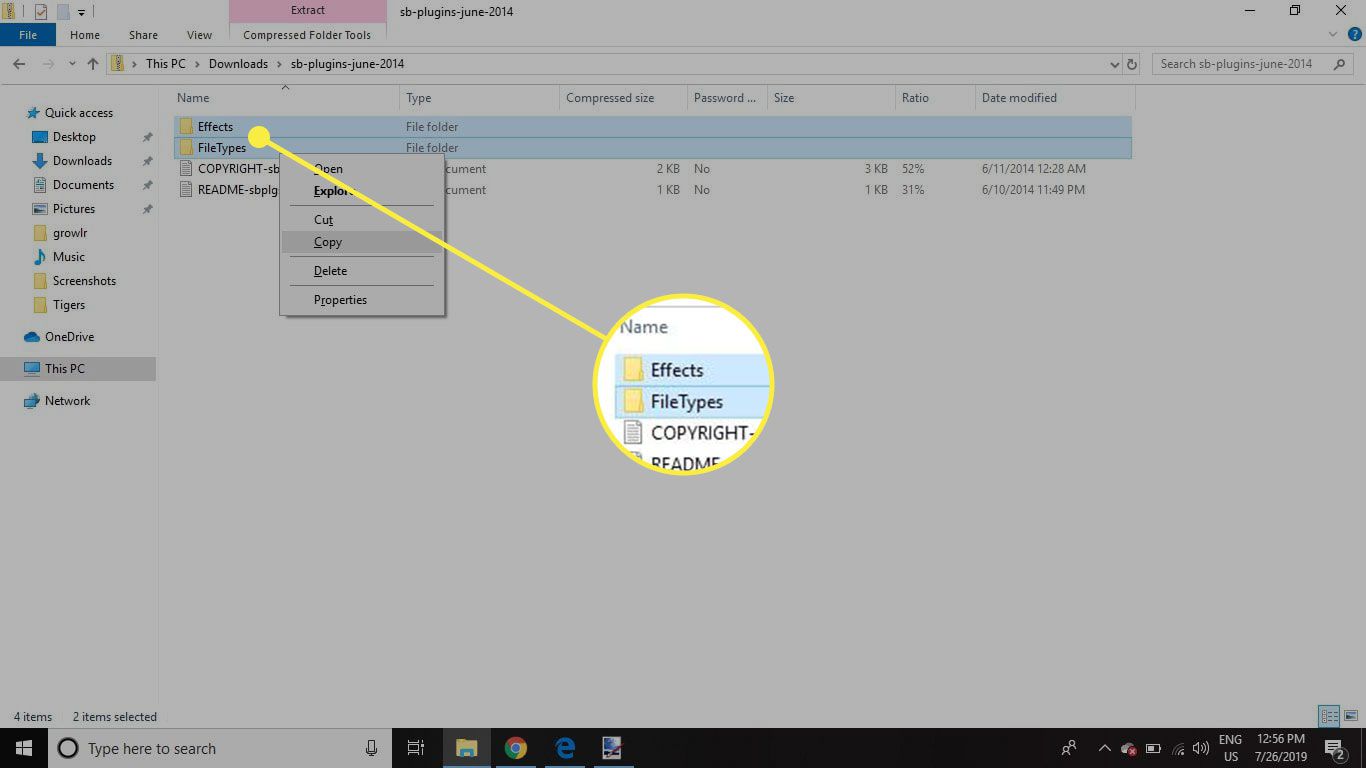 Uma captura de tela do pacote de plug-ins do Paint.NET com os arquivos de efeitos e tipos de arquivo destacados
