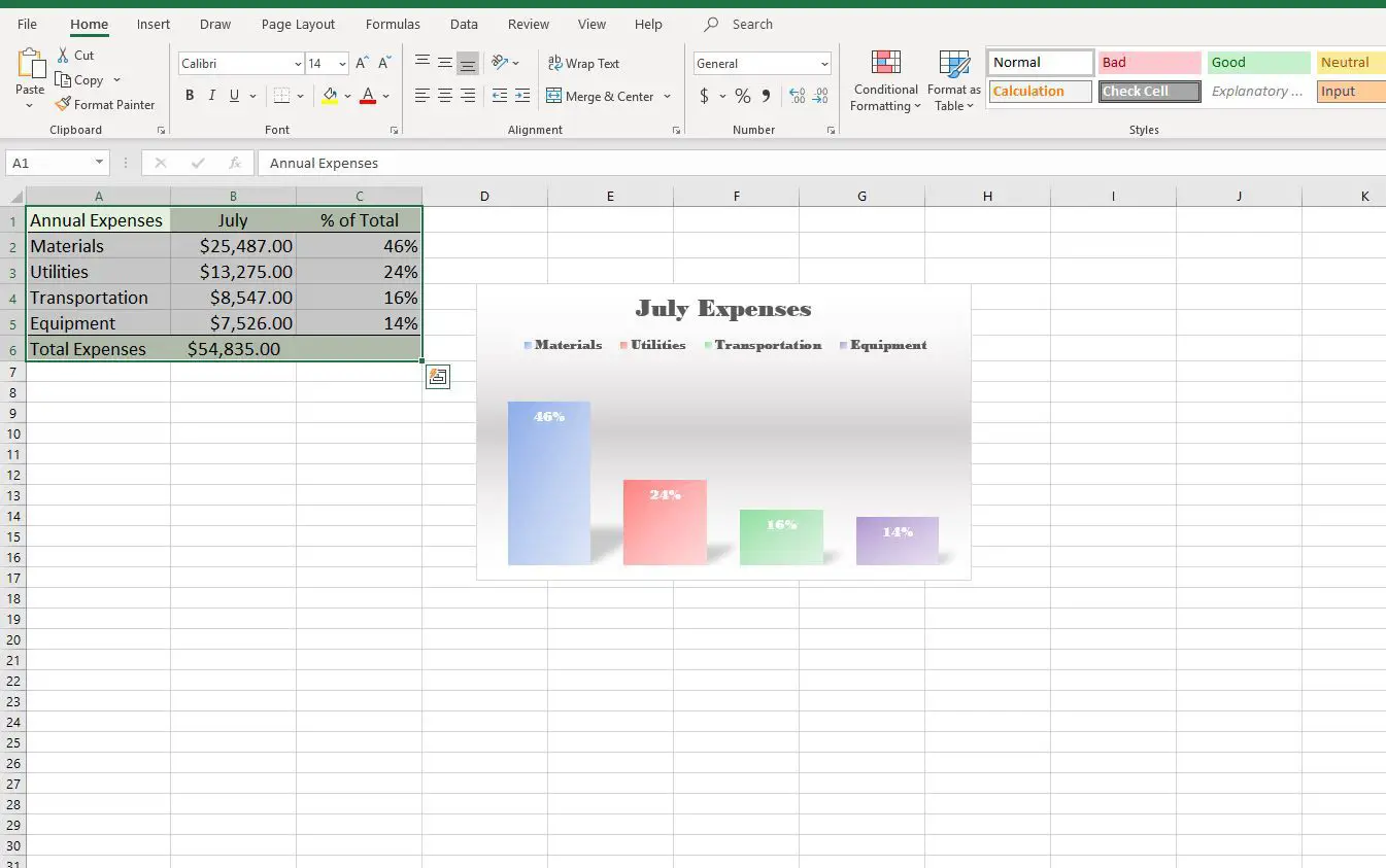 Captura de tela das células selecionadas no Excel