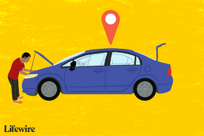 Ilustração animada de uma pessoa verificando as áreas do carro em busca de rastreadores GPS