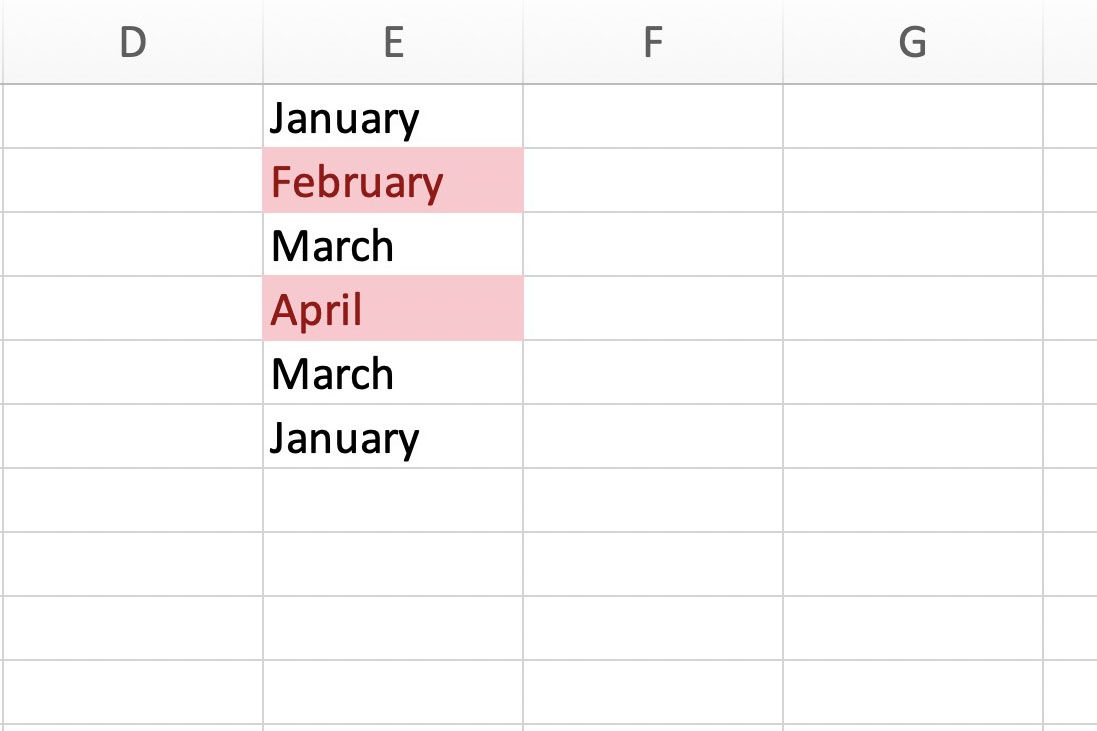 Captura de tela do Excel mostrando o destaque de dados únicos