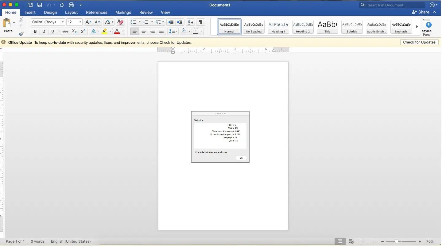 Captura de tela da contagem de palavras no Word para Mac