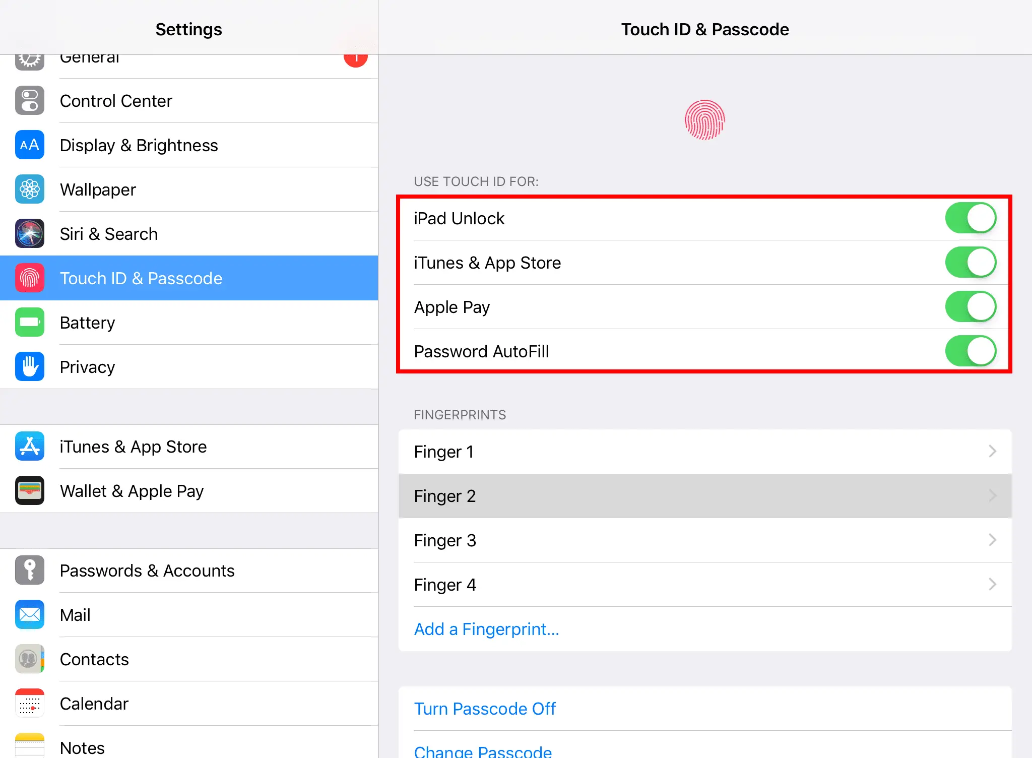 Captura de tela da tela Touch ID e senha em um iPad