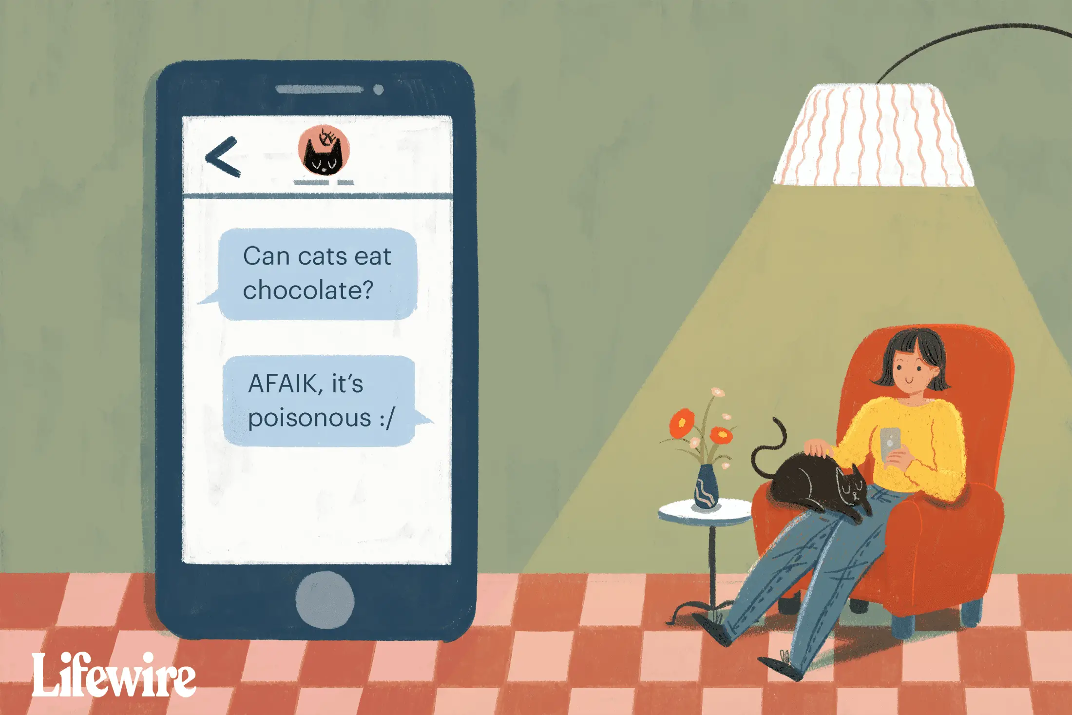 Ilustração de uma mulher lendo uma tela de telefone. "Os gatos podem comer chocolate?" "AFAIK, é venenoso"