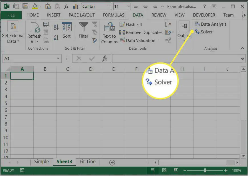 Encontrando o comando Excel Solver na guia Dados