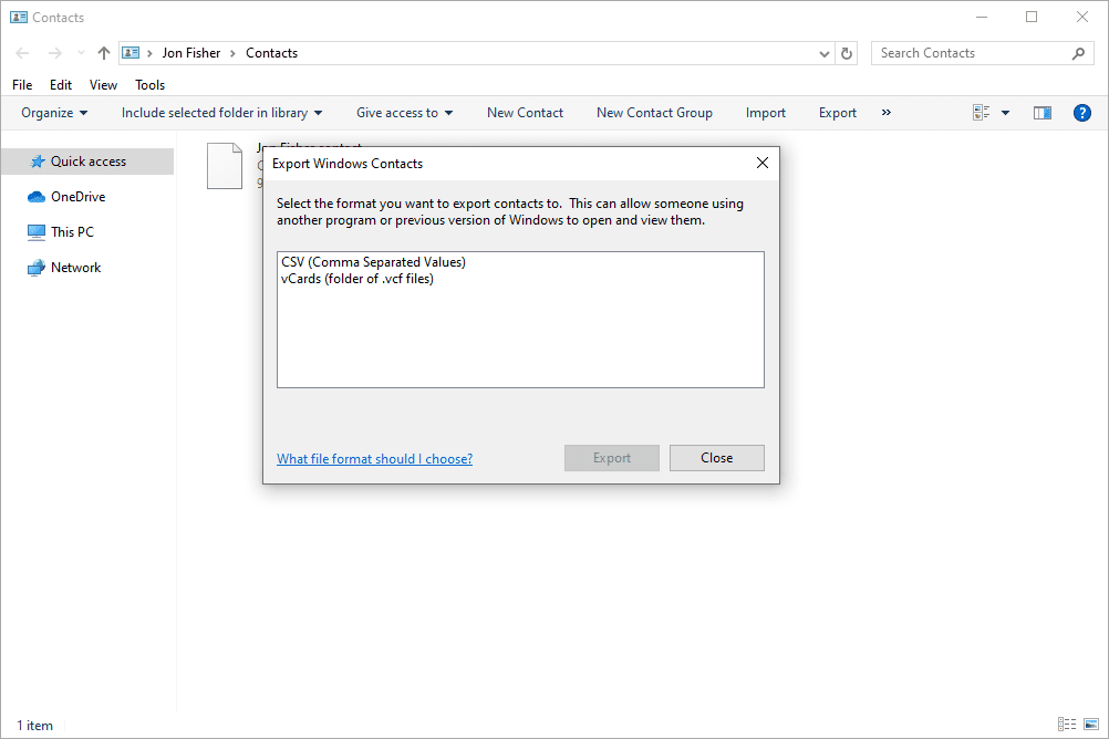 Exportar tela de contatos do Windows no Windows 10
