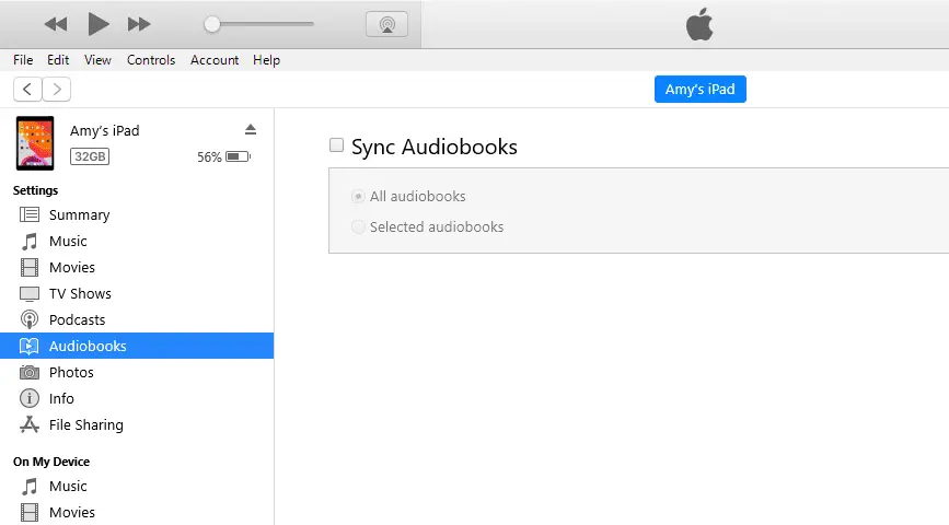 Tela de audiolivros de sincronização do iTunes para iPad