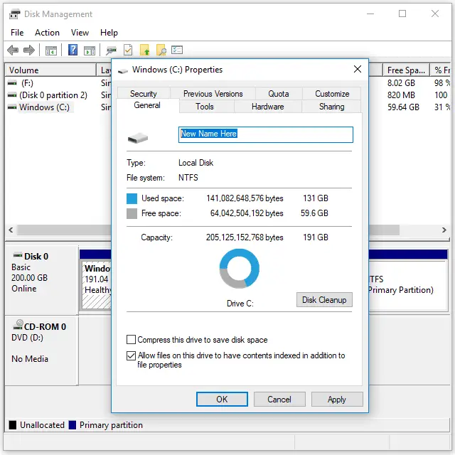Captura de tela mostrando como alterar o rótulo do volume do Gerenciamento de disco no Windows 10