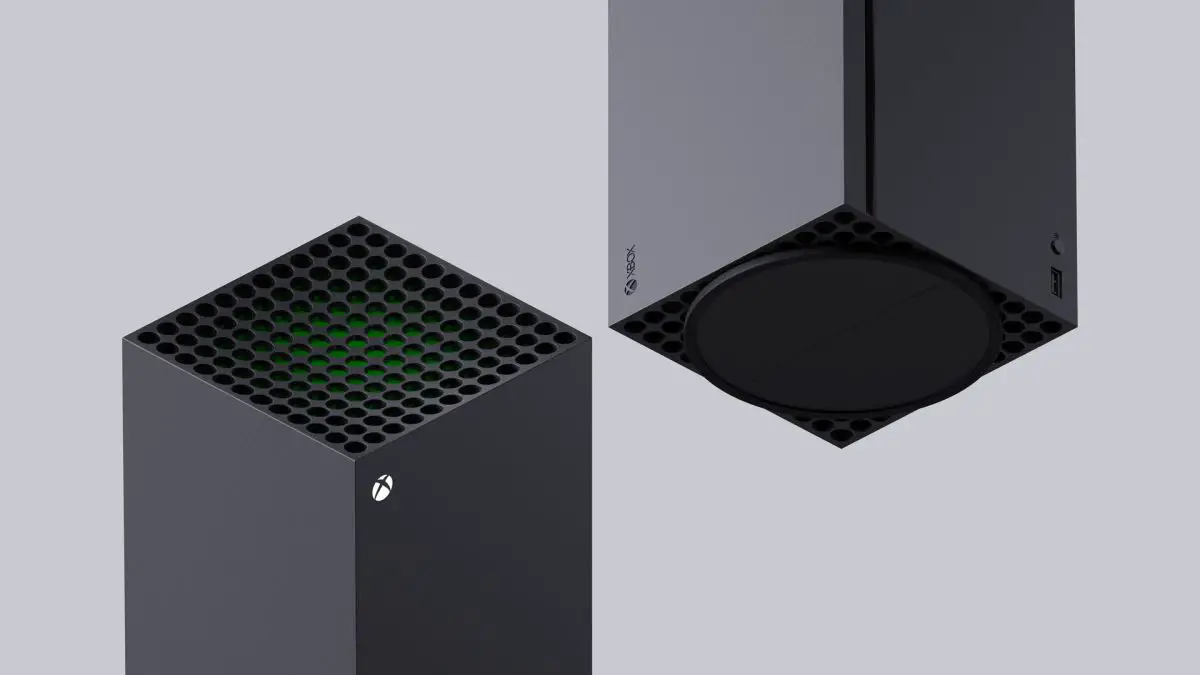 Uma visão da parte superior e inferior do Xbox Series X na posição vertical