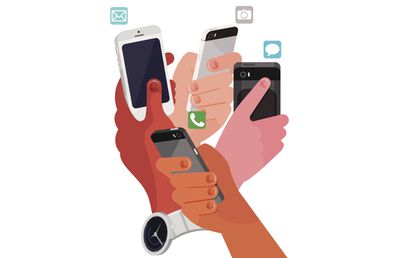 Uma ilustração em mãos segurando smartphones, com ícones de aplicativos acima deles