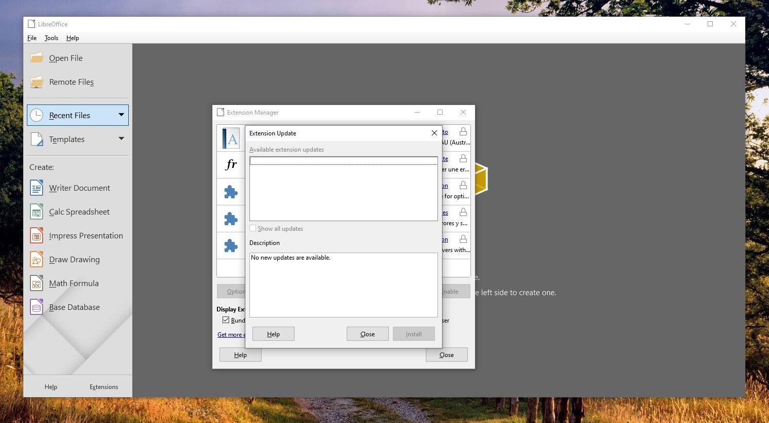 Captura de tela de atualizações de extensão no LibreOffice