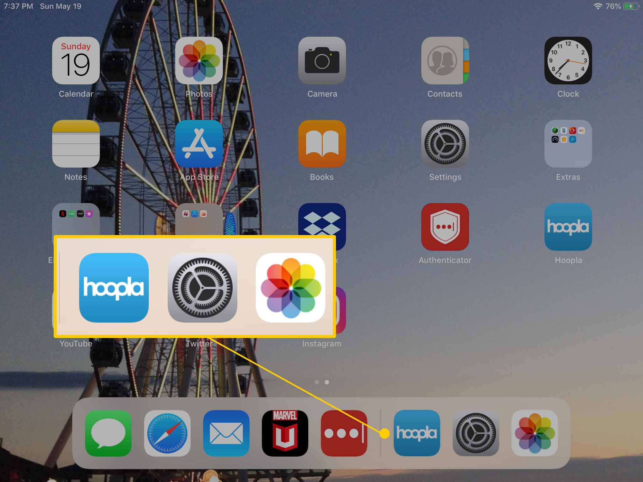 Aplicativos abertos recentemente no dock do iPad