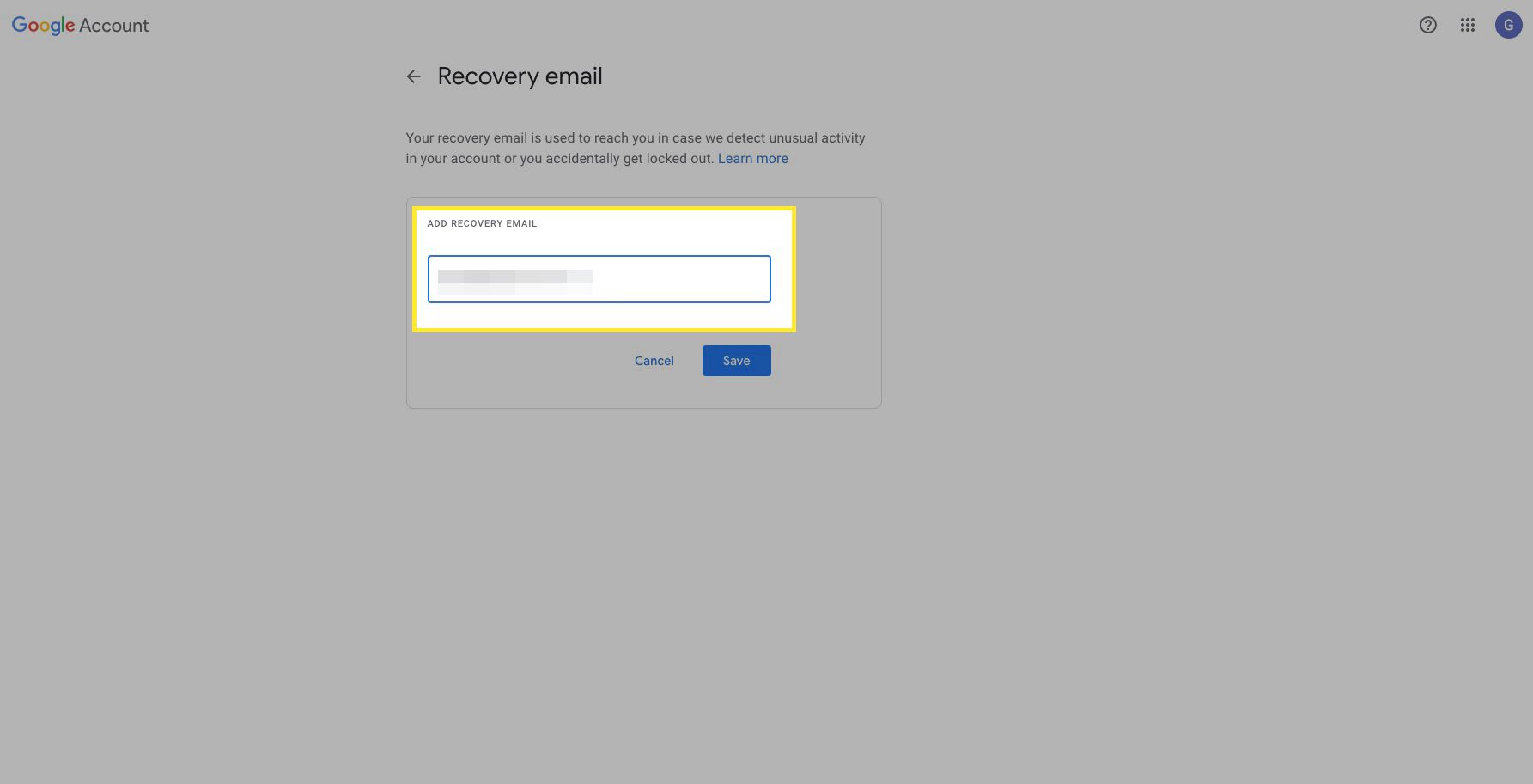 Segurança do Google Adicionar caixa de e-mail de recuperação destacada