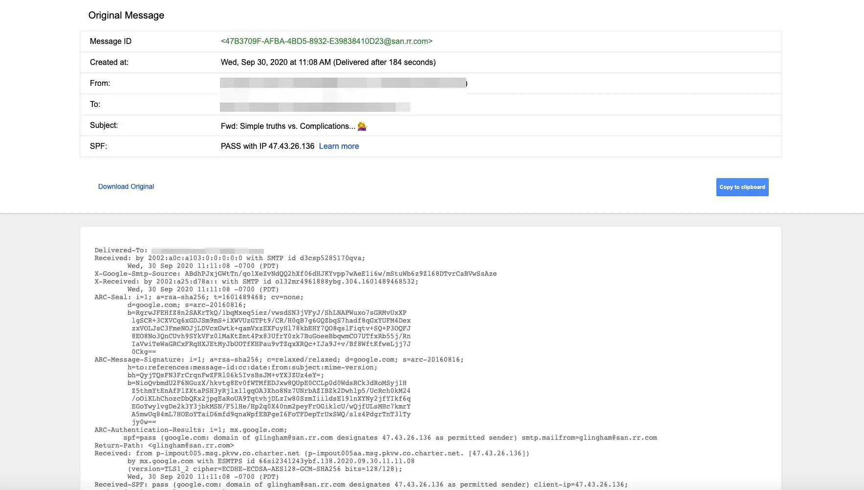 Formato de mensagem original do Gmail aberto em uma nova janela