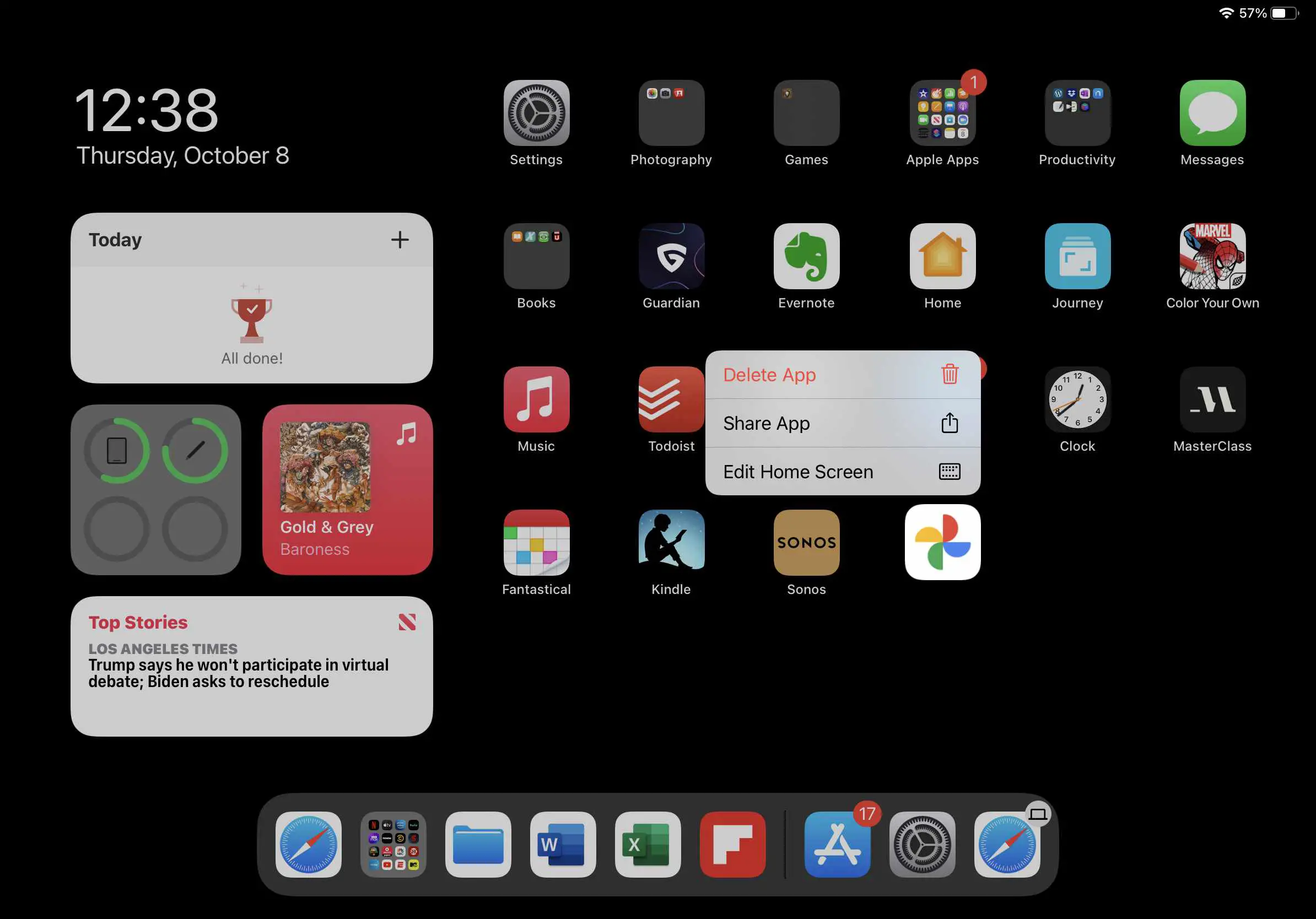 Captura de tela da exclusão do aplicativo iPad