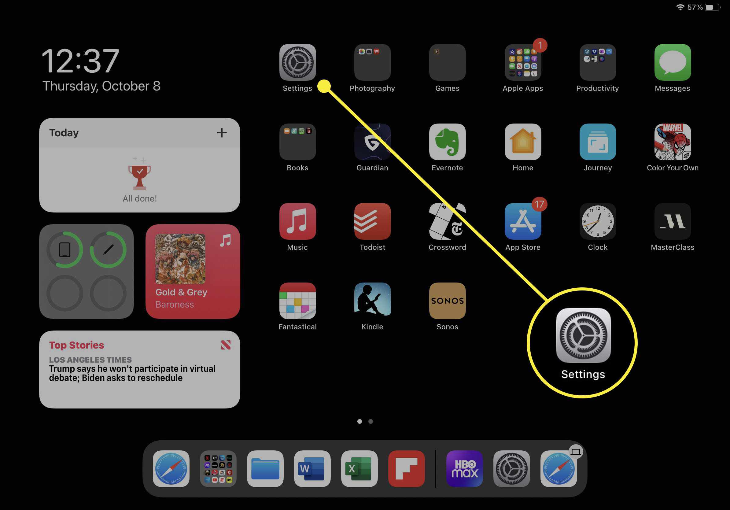 O ícone de configuração no iPadOS destacado.