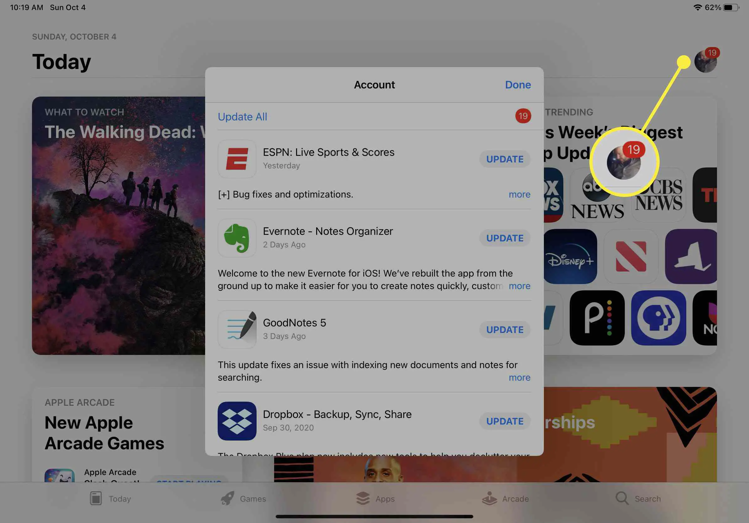 O ícone do usuário destacado de dentro da App Store no iPadOS.