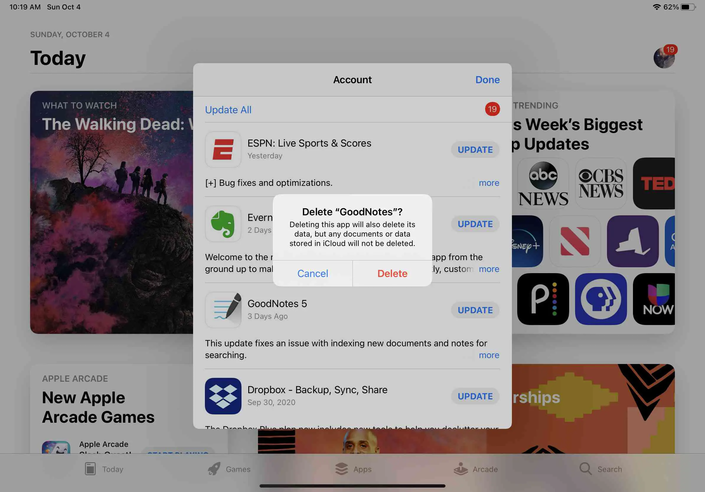 Captura de tela da confirmação do iPad para exclusão de aplicativos na app store