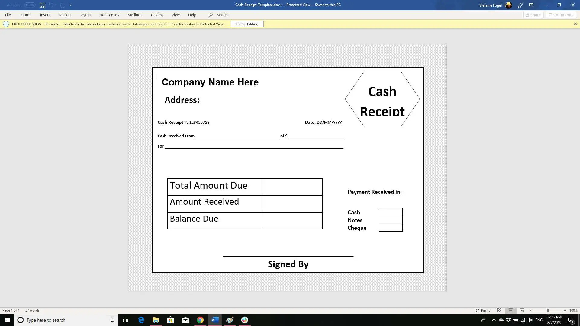 Captura de tela do modelo de recibo de retirada de dinheiro no Word